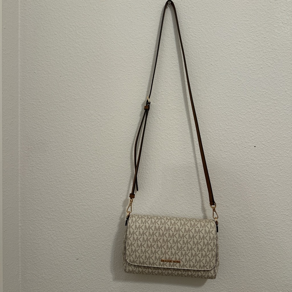 Michael Kors Cream and Brown Crossbody Bag with Monogram Design